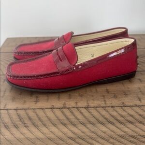 Tod’s Red Loafers for Women Size 37 Canvas & Patent Leather